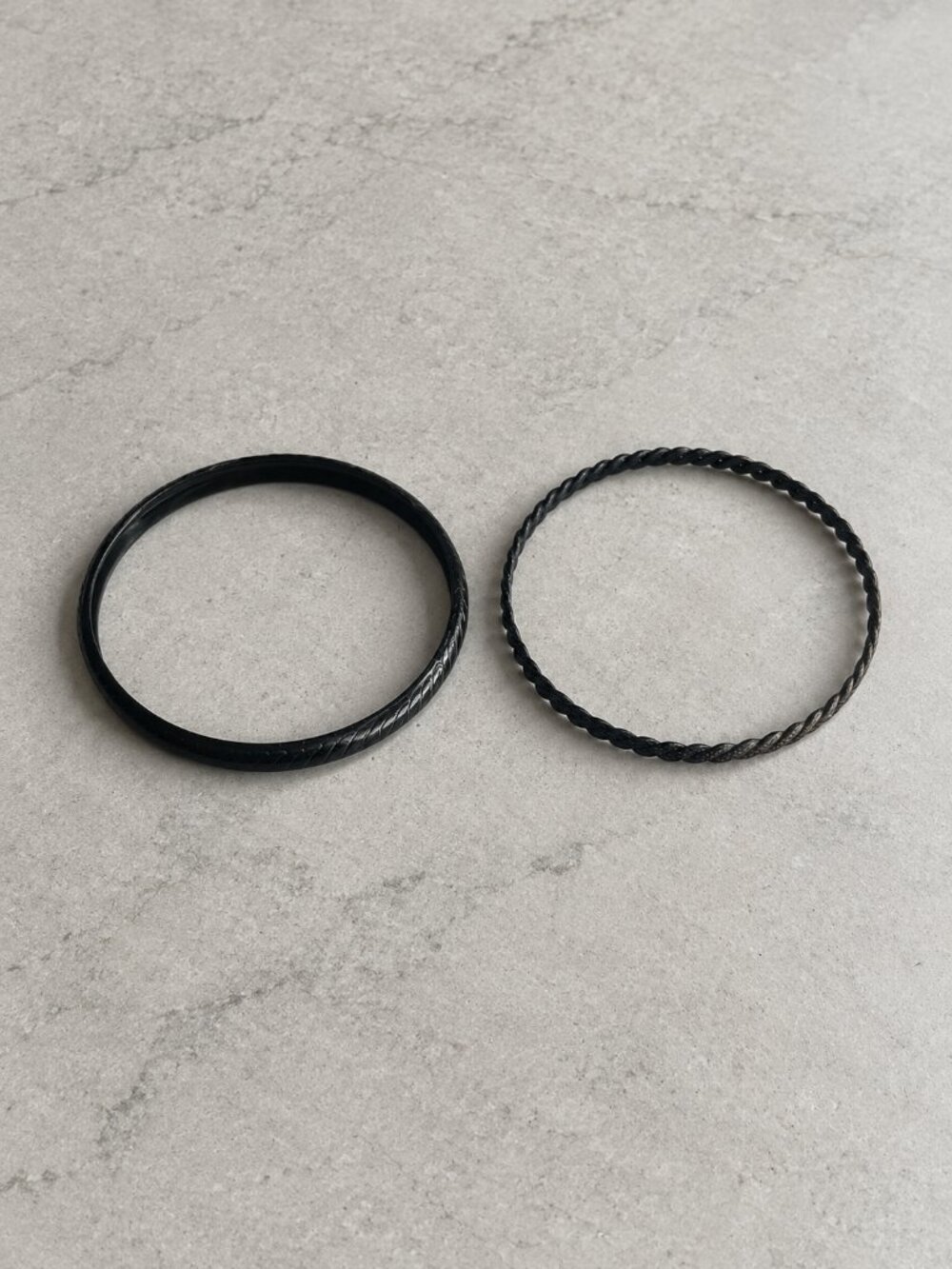 Black Bangle Bracelet Set of 2 Twisted Rope Carved Stacking 2.65 in